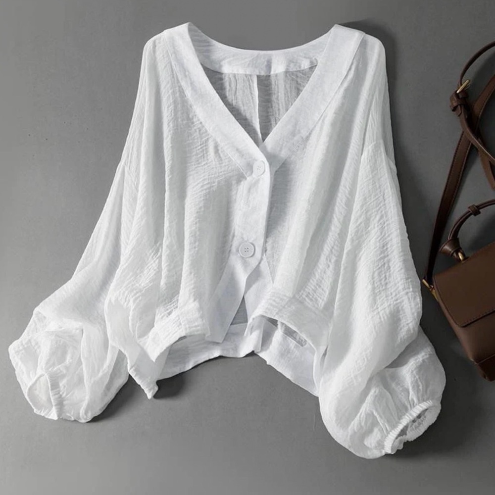 Oversized White Linen Blouse – New, Batwing Sleeves, Button Front